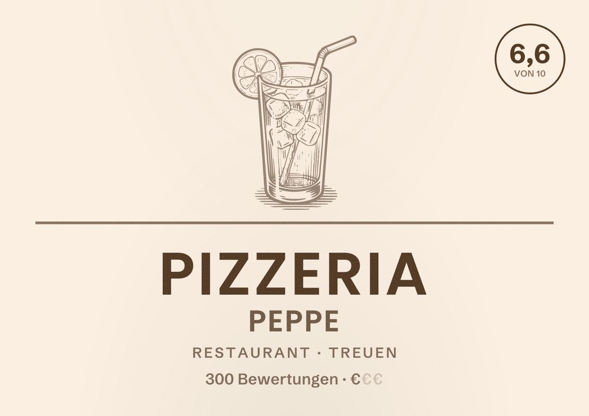 Illustriertes Poster von Pizzeria Peppe, Restaurant in Treuen: Bewertung 6,6 von 10 aus 300 Bewertungen, Preisniveau €