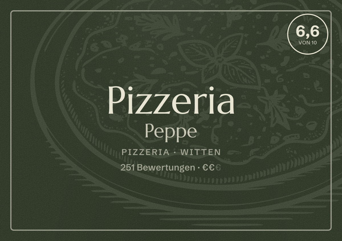 Illustriertes Poster von Pizzeria Peppe, Pizzeria in Witten: Bewertung 6,6 von 10 aus 251 Bewertungen, Preisniveau €€