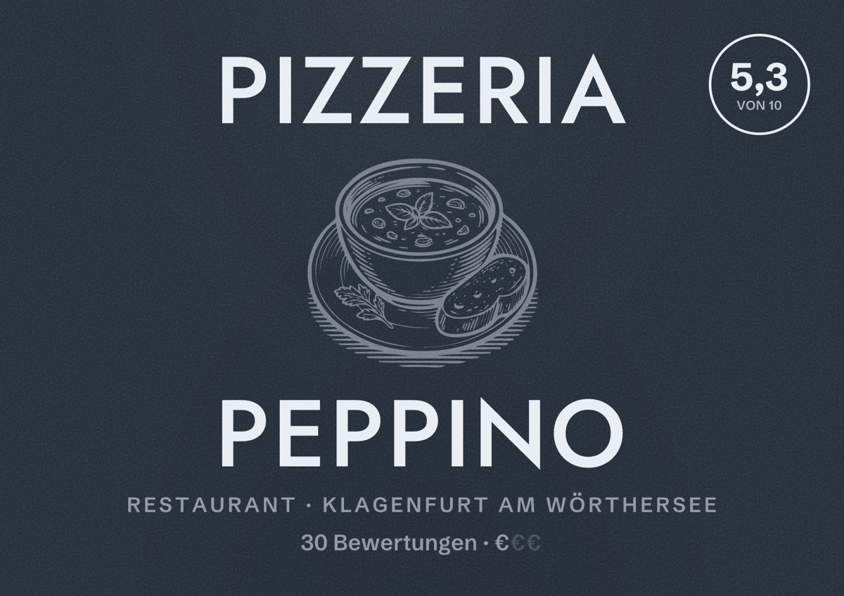 Illustriertes Poster von Pizzeria Peppino, Restaurant in Klagenfurt am Wörthersee: Bewertung 5,3 von 10 aus 30 Bewertungen, Preisniveau €
