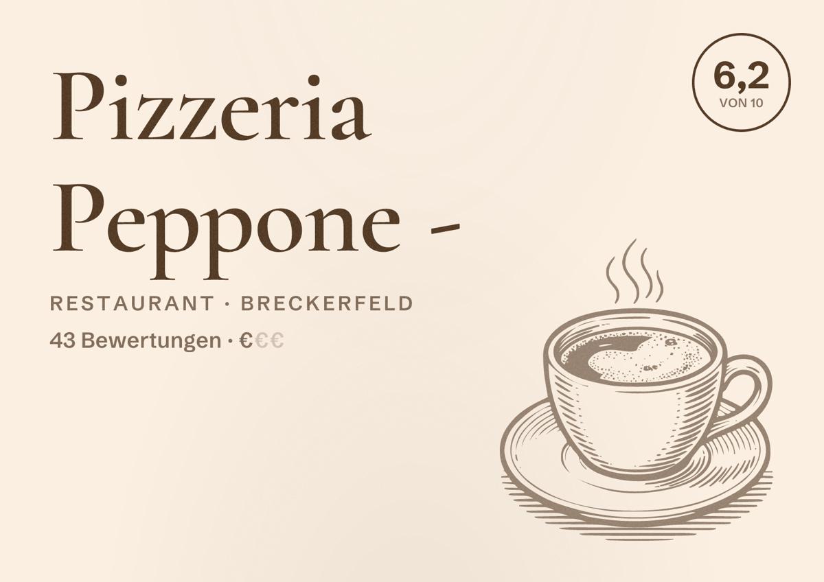 Illustriertes Poster von Pizzeria Peppone -, Restaurant in Breckerfeld: Bewertung 6,2 von 10 aus 43 Bewertungen, Preisniveau €