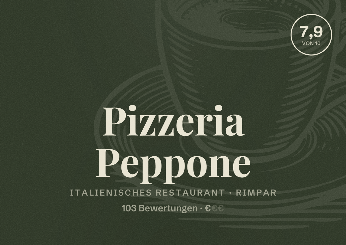 Illustriertes Poster von Pizzeria Peppone, Italienisches Restaurant in Rimpar: Bewertung 7,9 von 10 aus 103 Bewertungen, Preisniveau €