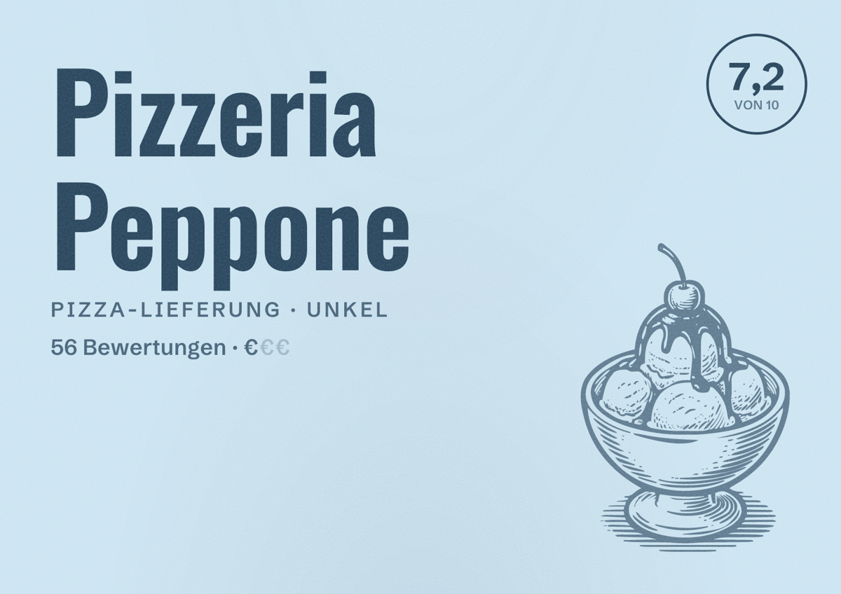 Illustriertes Poster von Pizzeria Peppone, Pizza-Lieferung in Unkel: Bewertung 7,2 von 10 aus 56 Bewertungen, Preisniveau €