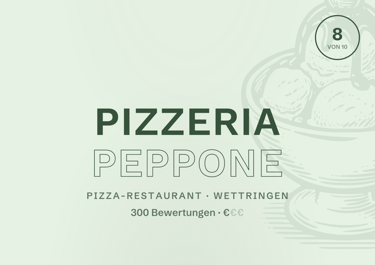 Illustriertes Poster von Pizzeria Peppone, Pizza-Restaurant in Wettringen: Bewertung 8 von 10 aus 300 Bewertungen, Preisniveau €