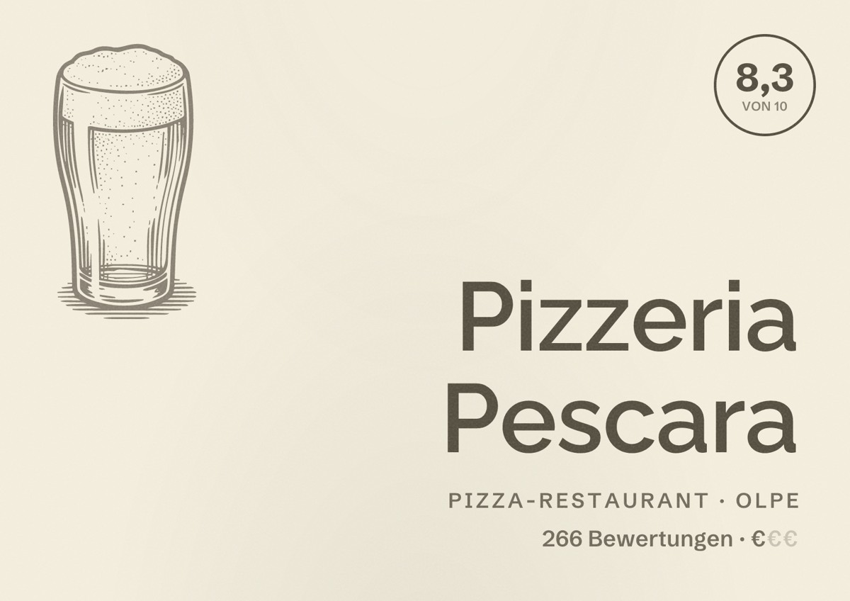 Illustriertes Poster von Pizzeria Pescara, Pizza-Restaurant in Olpe: Bewertung 8,3 von 10 aus 266 Bewertungen, Preisniveau €