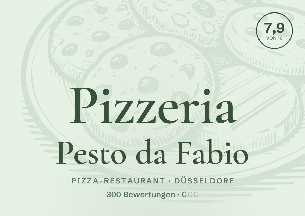 Illustriertes Poster von Pizzeria Pesto da Fabio, Pizza-Restaurant in Düsseldorf: Bewertung 7,9 von 10 aus 300 Bewertungen, Preisniveau €