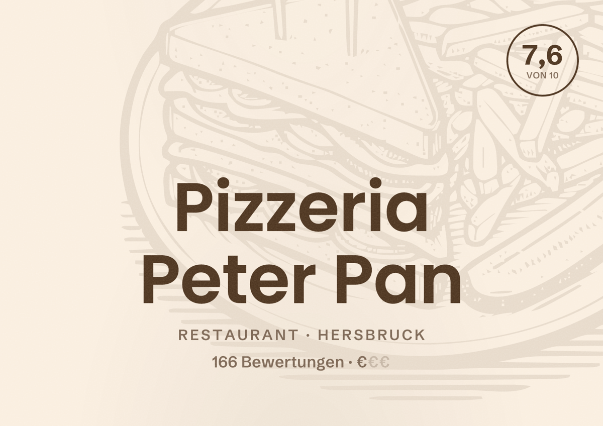 Illustriertes Poster von Pizzeria Peter Pan, Restaurant in Hersbruck: Bewertung 7,6 von 10 aus 166 Bewertungen, Preisniveau €