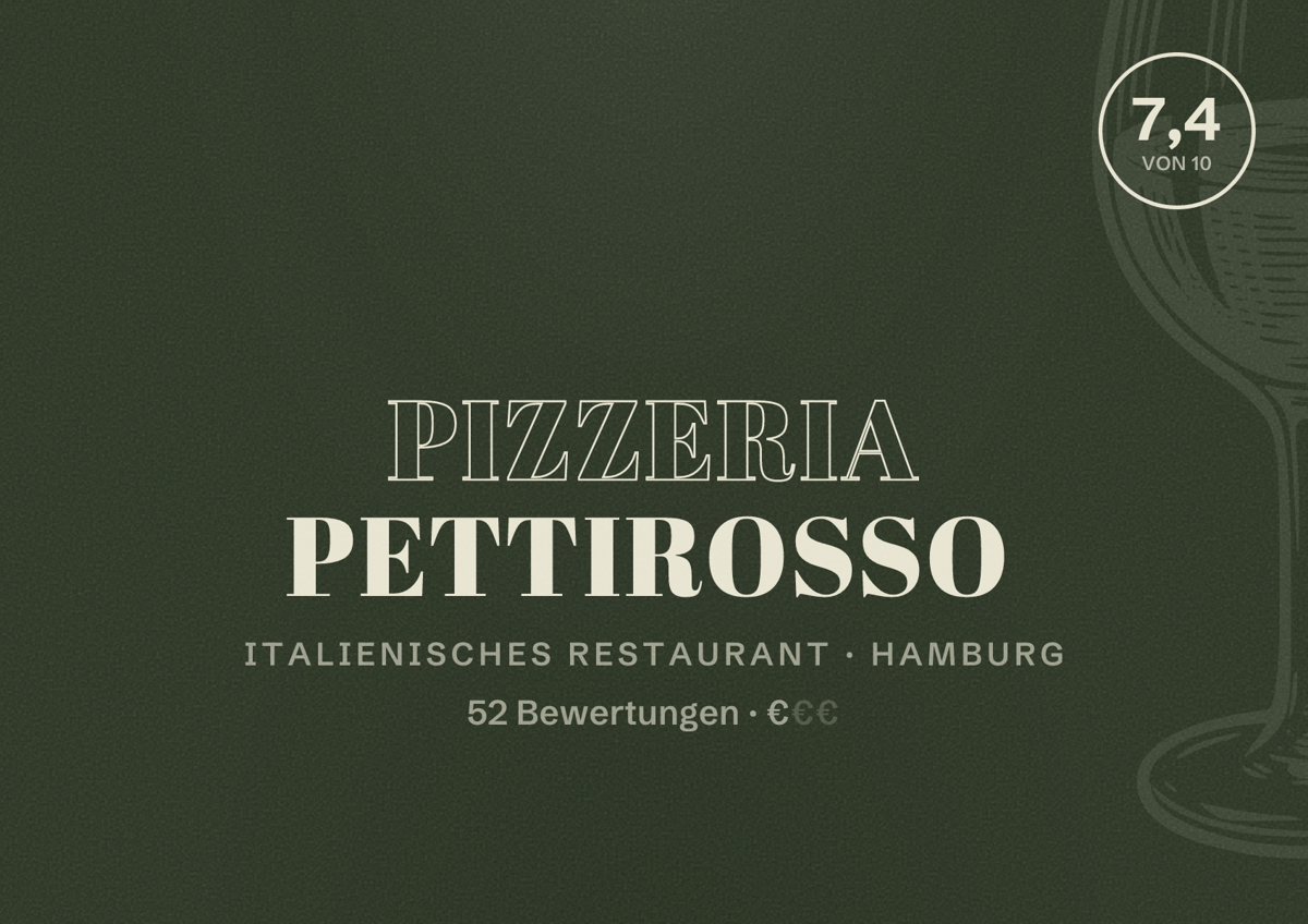 Illustriertes Poster von Pizzeria Pettirosso, Italienisches Restaurant in Hamburg: Bewertung 7,4 von 10 aus 52 Bewertungen, Preisniveau €