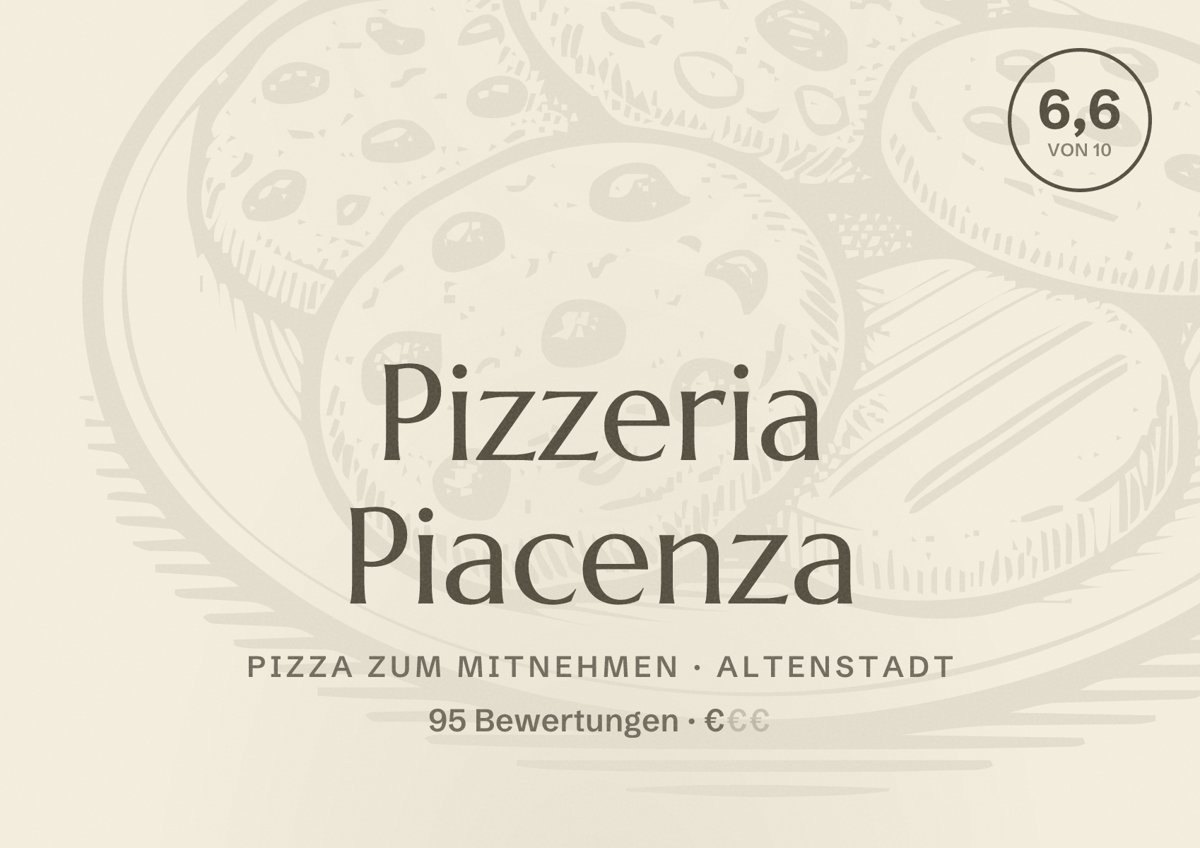 Illustriertes Poster von Pizzeria Piacenza, Pizza zum Mitnehmen in Altenstadt: Bewertung 6,6 von 10 aus 95 Bewertungen, Preisniveau €