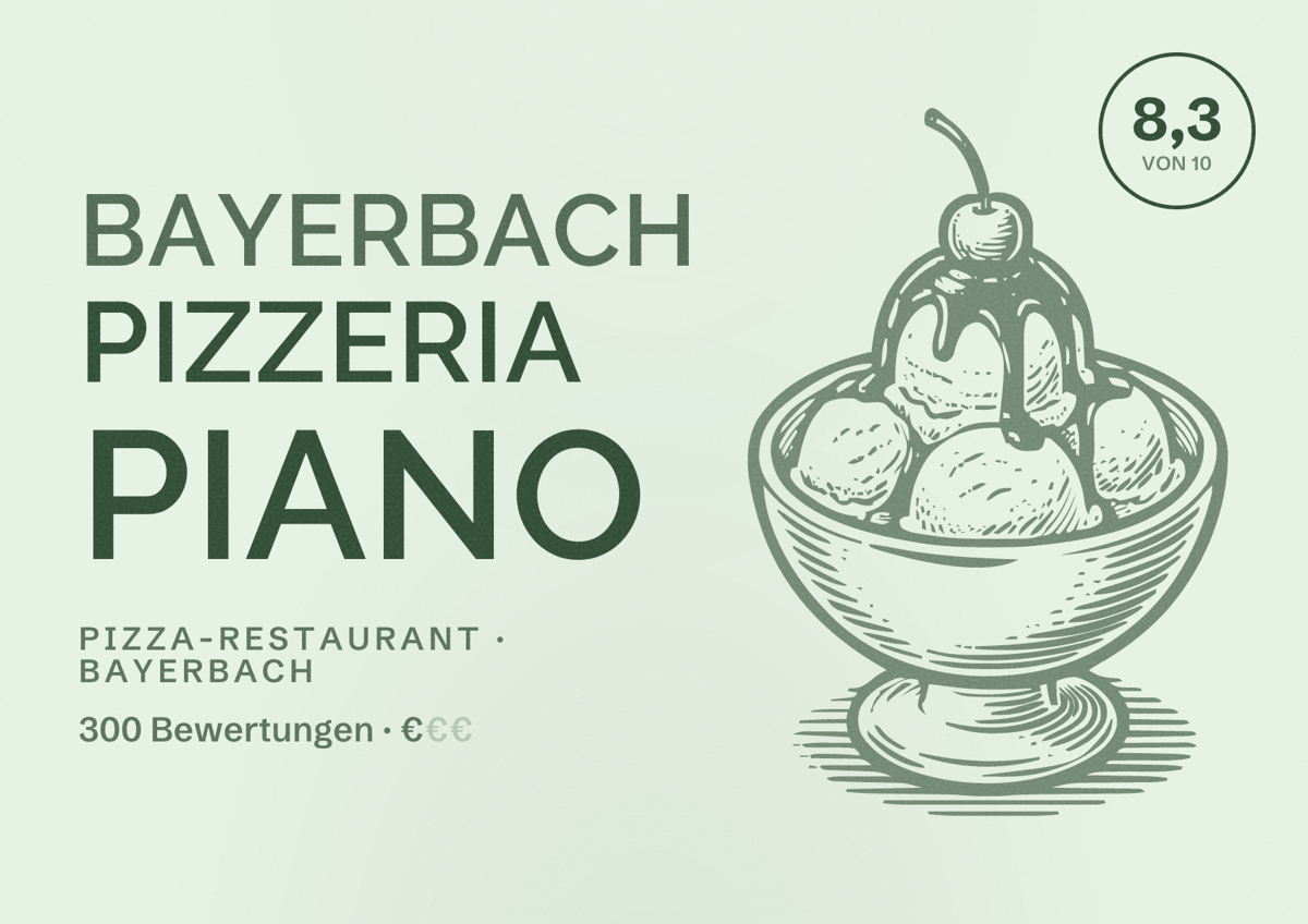 Illustriertes Poster von Bayerbach Pizzeria Piano, Pizza-Restaurant in Bayerbach: Bewertung 8,3 von 10 aus 300 Bewertungen, Preisniveau €