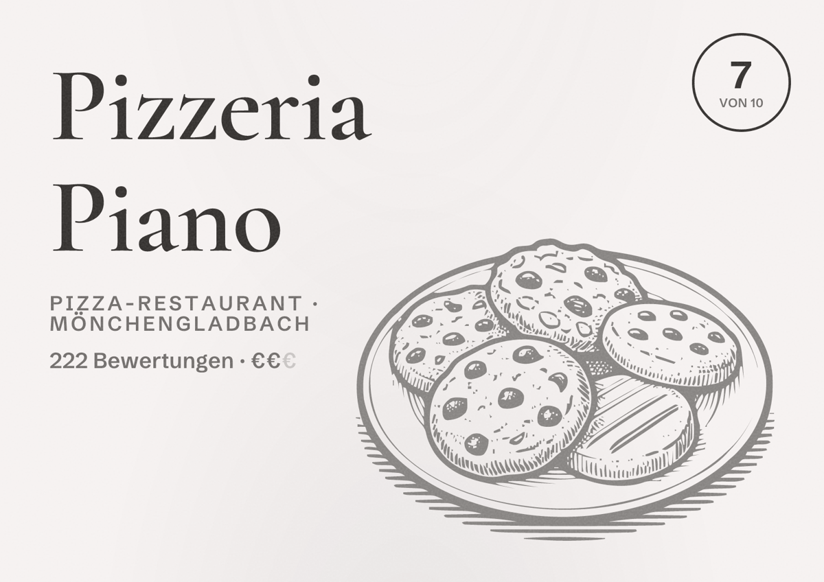 Illustriertes Poster von Pizzeria Piano, Pizza-Restaurant in Mönchengladbach: Bewertung 7 von 10 aus 222 Bewertungen, Preisniveau €€