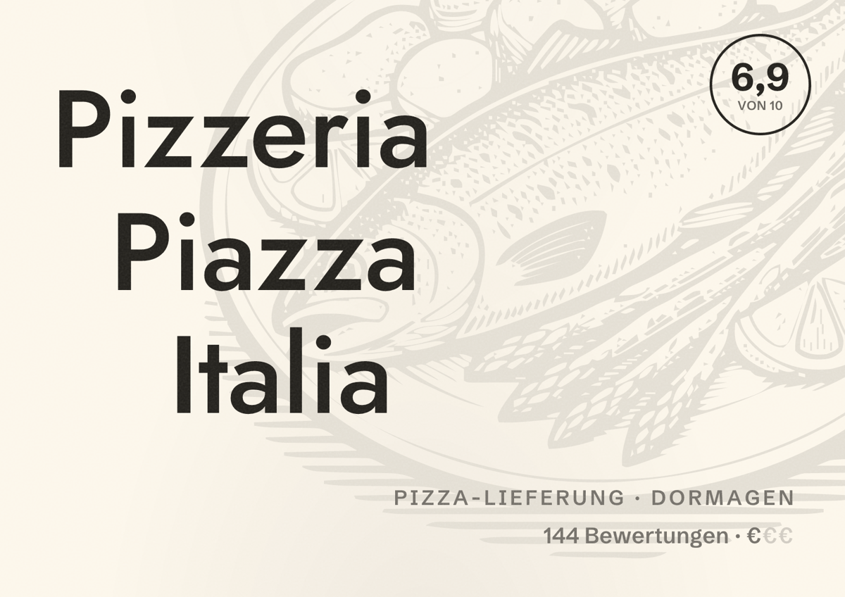 Illustriertes Poster von Pizzeria Piazza Italia, Pizza-Lieferung in Dormagen: Bewertung 6,9 von 10 aus 144 Bewertungen, Preisniveau €