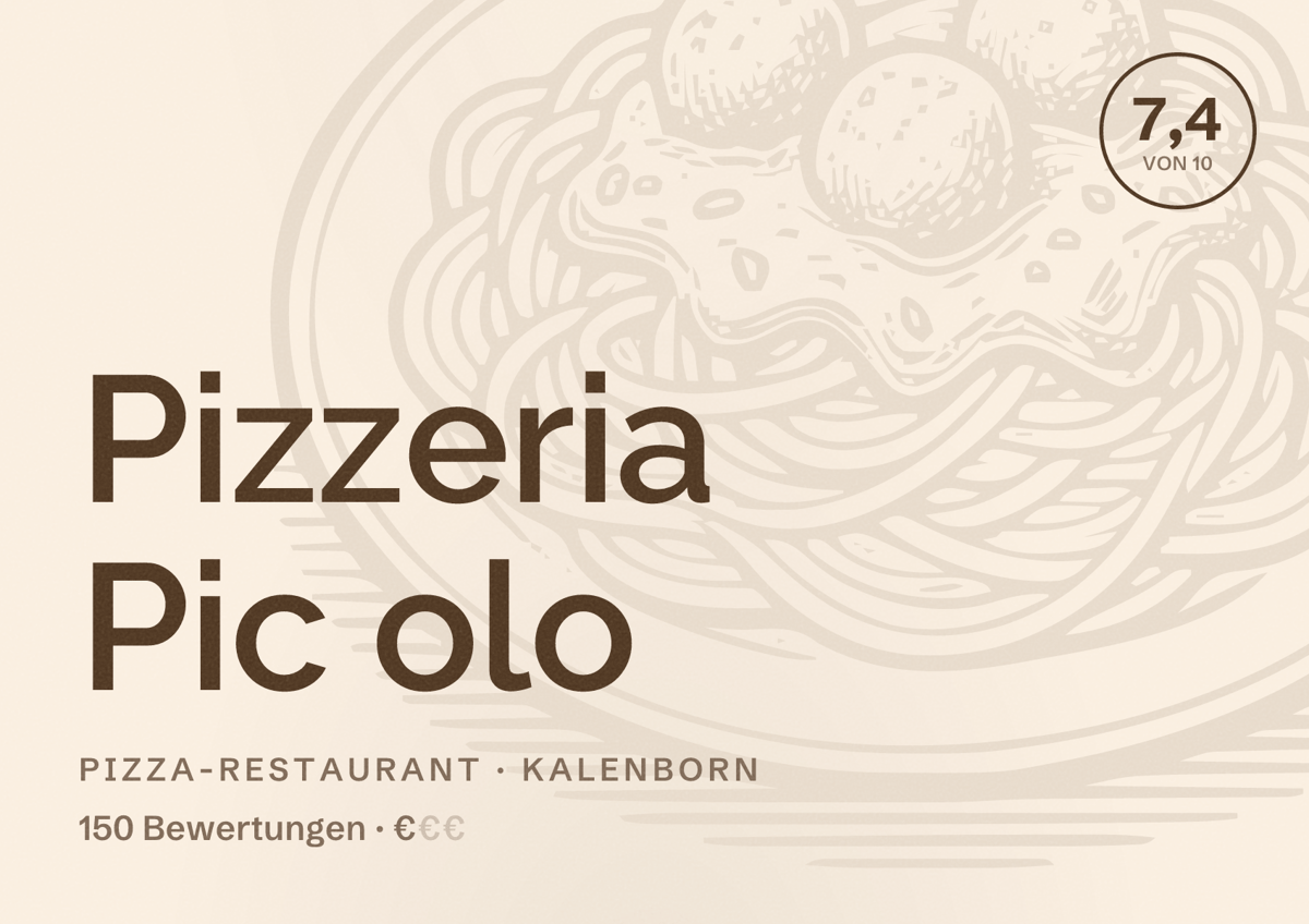 Illustriertes Poster von Pizzeria Pic olo, Pizza-Restaurant in Kalenborn: Bewertung 7,4 von 10 aus 150 Bewertungen, Preisniveau €