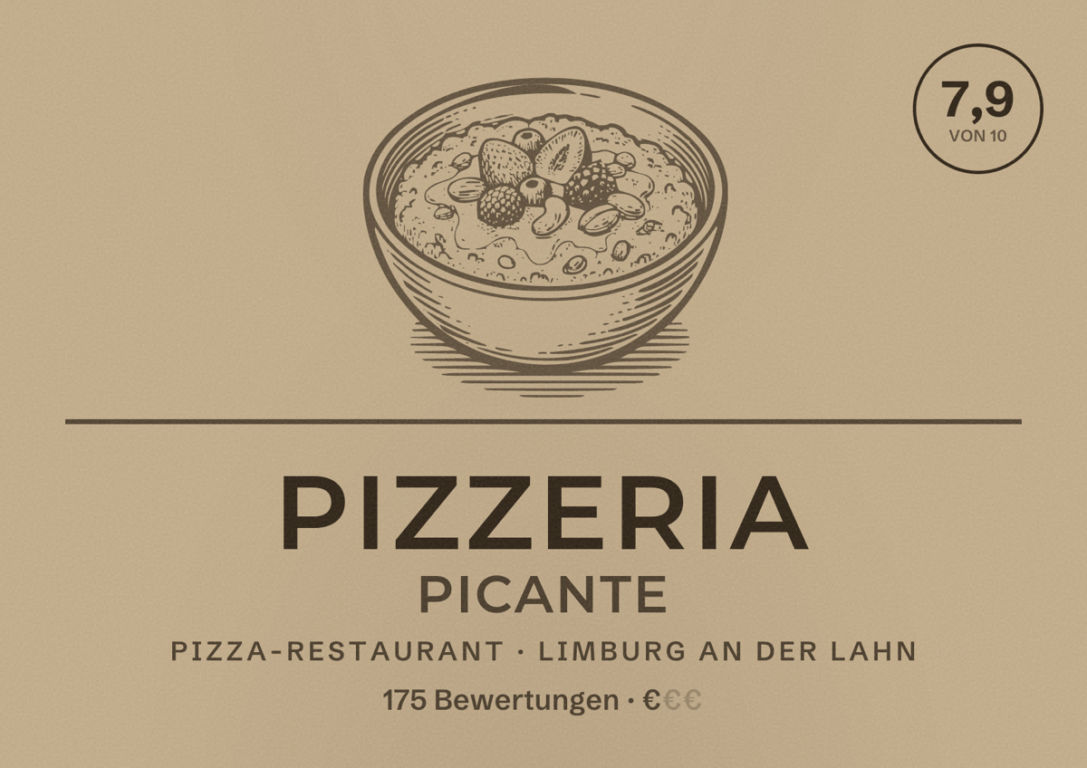 Illustriertes Poster von Pizzeria Picante, Pizza-Restaurant in Limburg an der Lahn: Bewertung 7,9 von 10 aus 175 Bewertungen, Preisniveau €