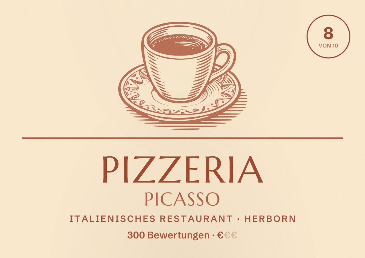 Illustriertes Poster von Pizzeria Picasso, Italienisches Restaurant in Herborn: Bewertung 8 von 10 aus 300 Bewertungen, Preisniveau €