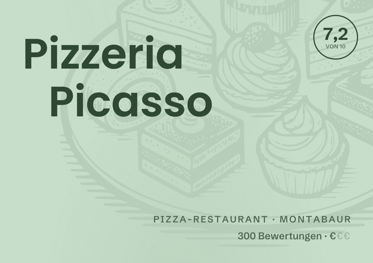 Illustriertes Poster von Pizzeria Picasso, Pizza-Restaurant in Montabaur: Bewertung 7,2 von 10 aus 300 Bewertungen, Preisniveau €