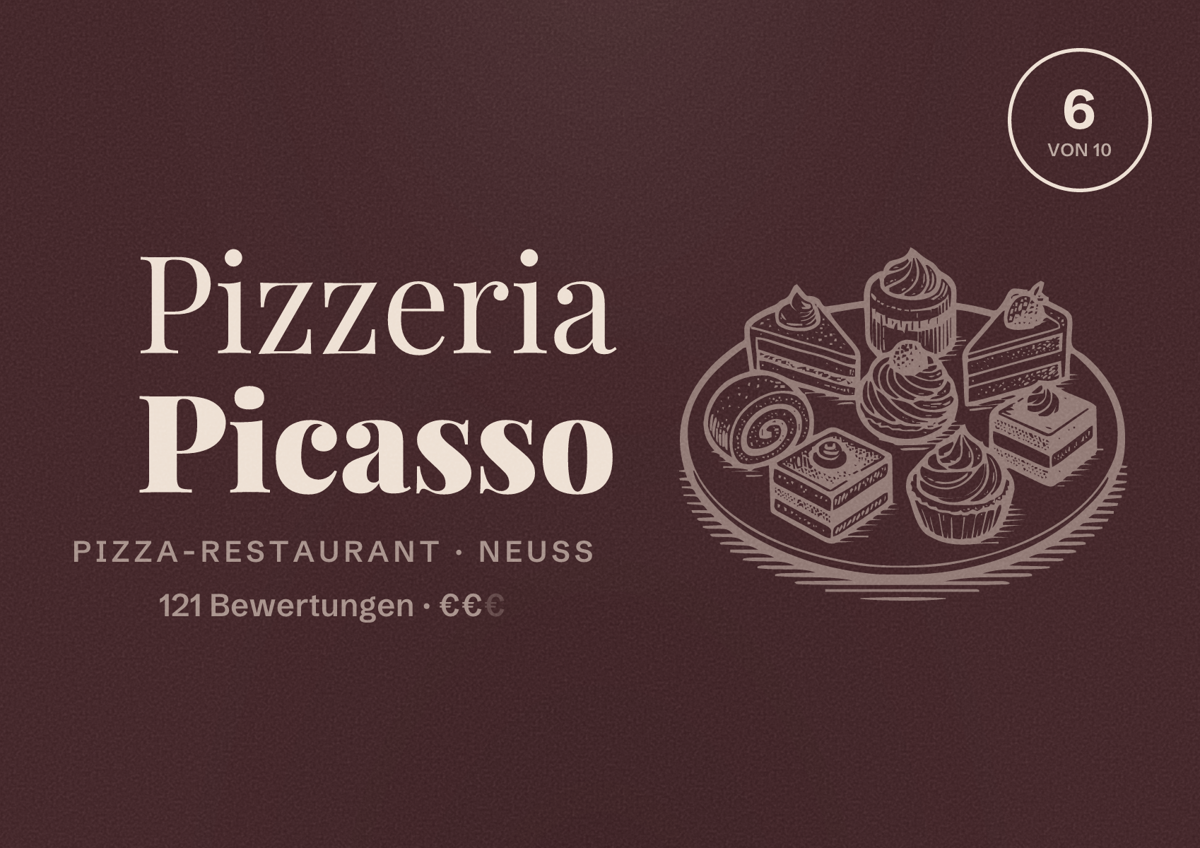 Illustriertes Poster von Pizzeria Picasso, Pizza-Restaurant in Neuss: Bewertung 6 von 10 aus 121 Bewertungen, Preisniveau €€