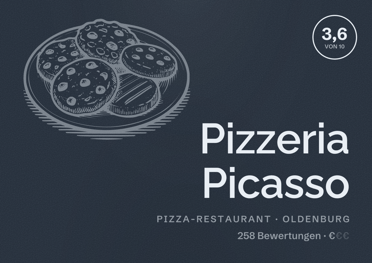Illustriertes Poster von Pizzeria Picasso, Pizza-Restaurant in Oldenburg: Bewertung 3,6 von 10 aus 258 Bewertungen, Preisniveau €