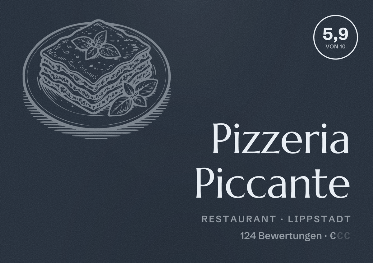 Illustriertes Poster von Pizzeria Piccante, Restaurant in Lippstadt: Bewertung 5,9 von 10 aus 124 Bewertungen, Preisniveau €
