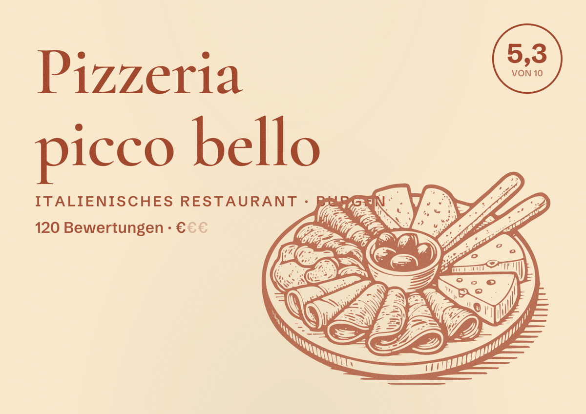 Illustriertes Poster von Pizzeria picco bello, Italienisches Restaurant in Burgen: Bewertung 5,3 von 10 aus 120 Bewertungen, Preisniveau €