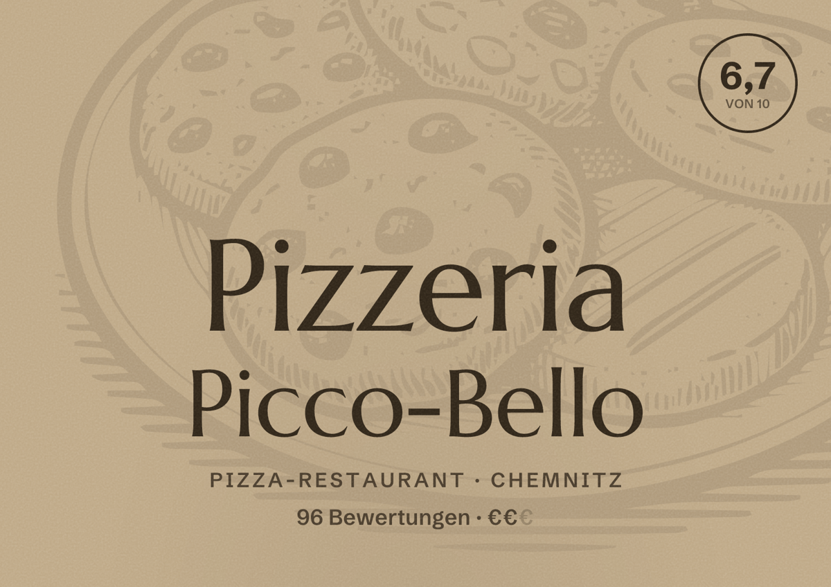 Illustriertes Poster von Pizzeria Picco-Bello, Pizza-Restaurant in Chemnitz: Bewertung 6,7 von 10 aus 96 Bewertungen, Preisniveau €€