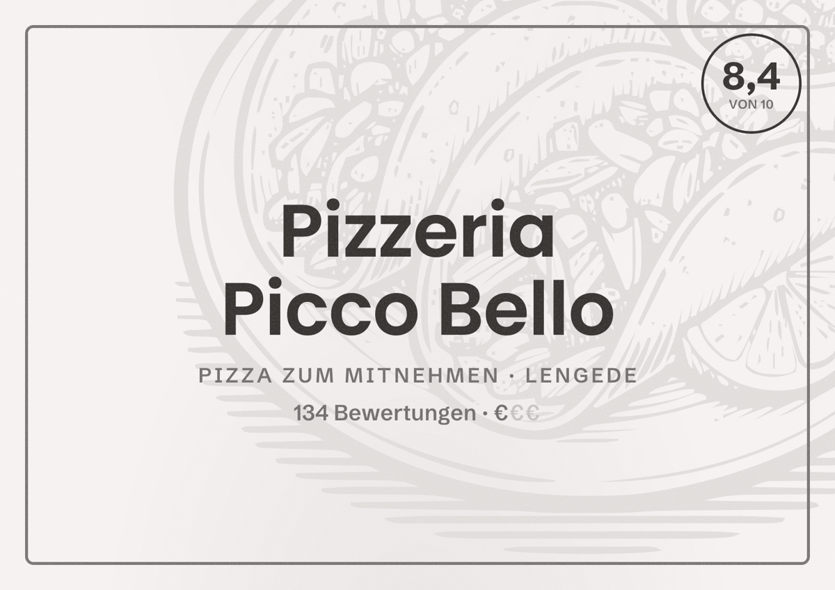Illustriertes Poster von Pizzeria Picco Bello, Pizza zum Mitnehmen in Lengede: Bewertung 8,4 von 10 aus 134 Bewertungen, Preisniveau €