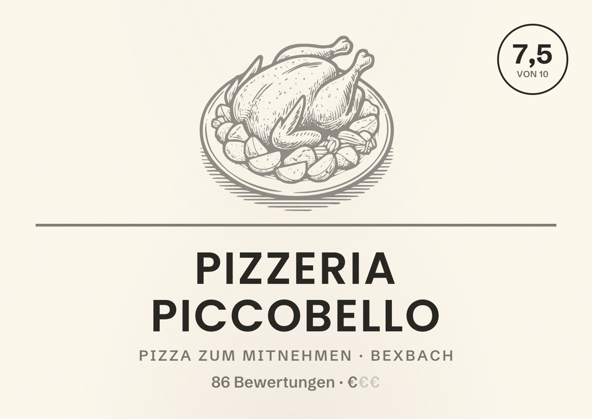 Illustriertes Poster von Pizzeria Piccobello, Pizza zum Mitnehmen in Bexbach: Bewertung 7,5 von 10 aus 86 Bewertungen, Preisniveau €