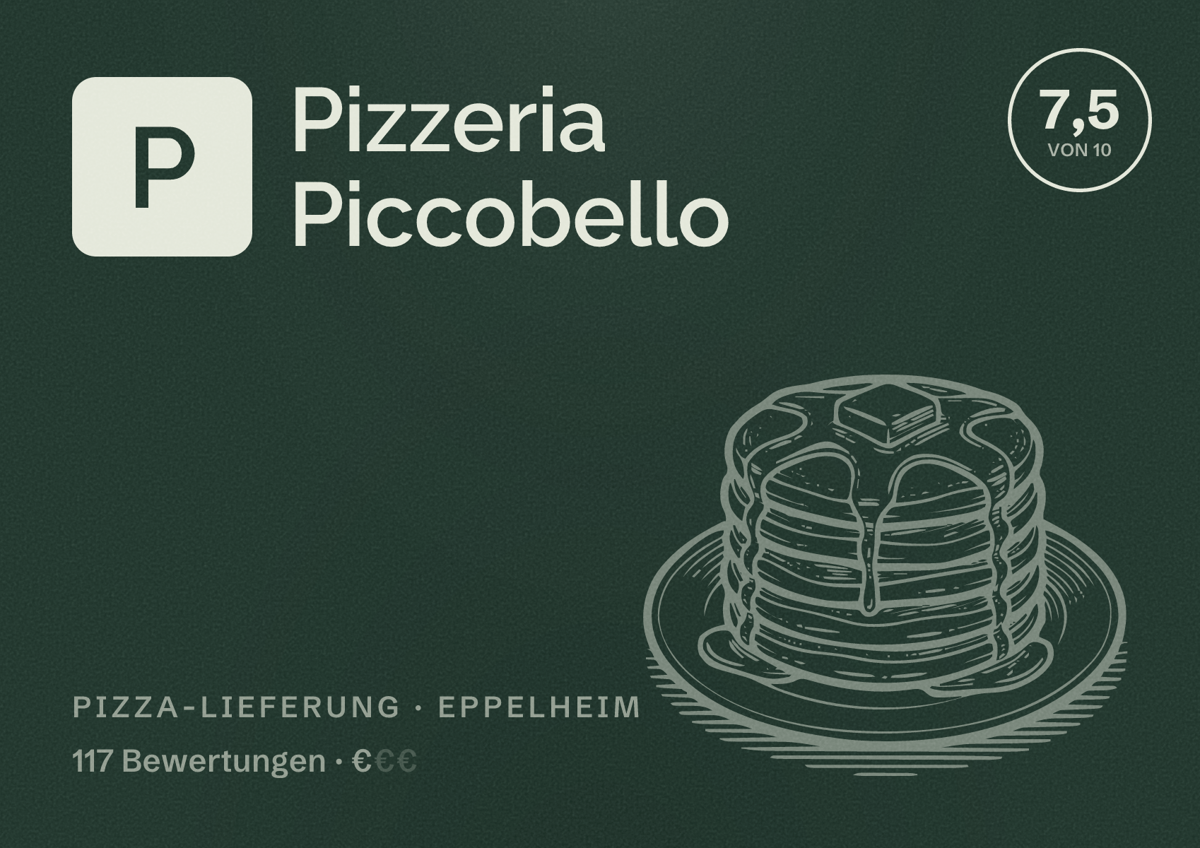 Illustriertes Poster von Pizzeria Piccobello, Pizza-Lieferung in Eppelheim: Bewertung 7,5 von 10 aus 117 Bewertungen, Preisniveau €