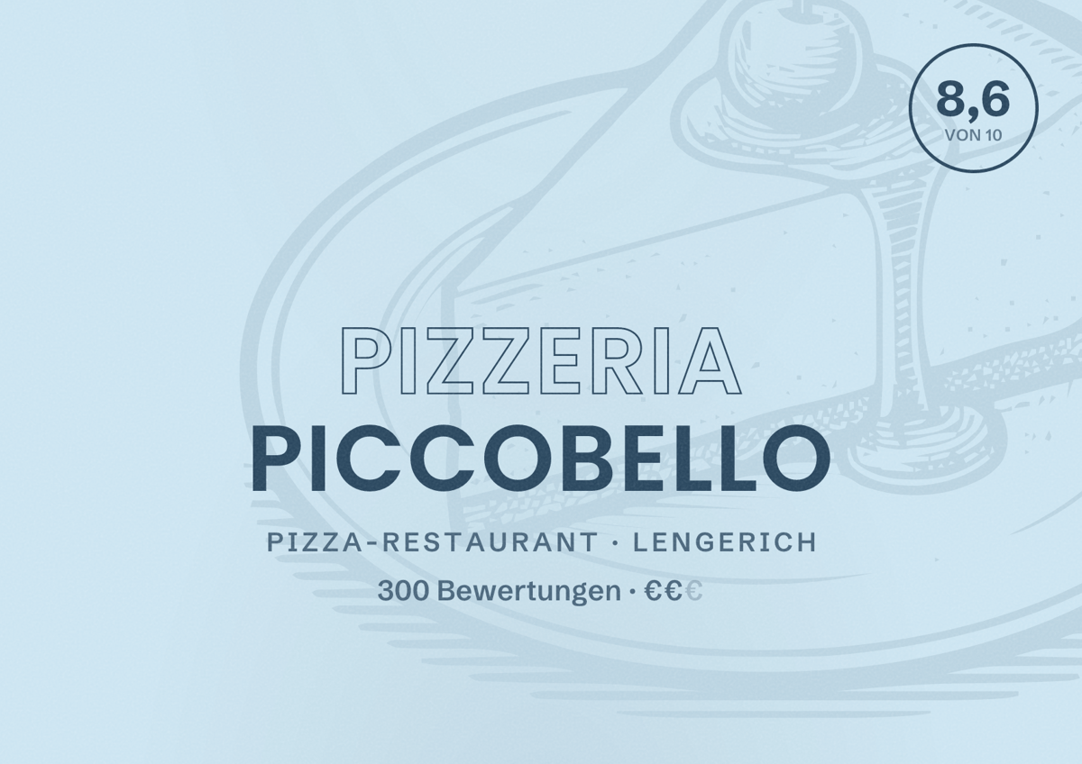 Illustriertes Poster von Pizzeria Piccobello, Pizza-Restaurant in Lengerich: Bewertung 8,6 von 10 aus 300 Bewertungen, Preisniveau €€