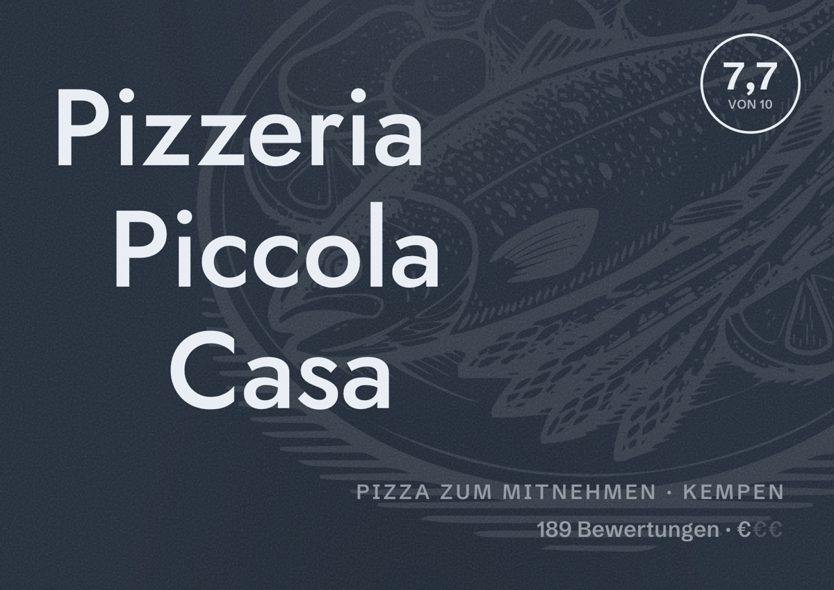 Illustriertes Poster von Pizzeria Piccola Casa, Pizza zum Mitnehmen in Kempen: Bewertung 7,7 von 10 aus 189 Bewertungen, Preisniveau €