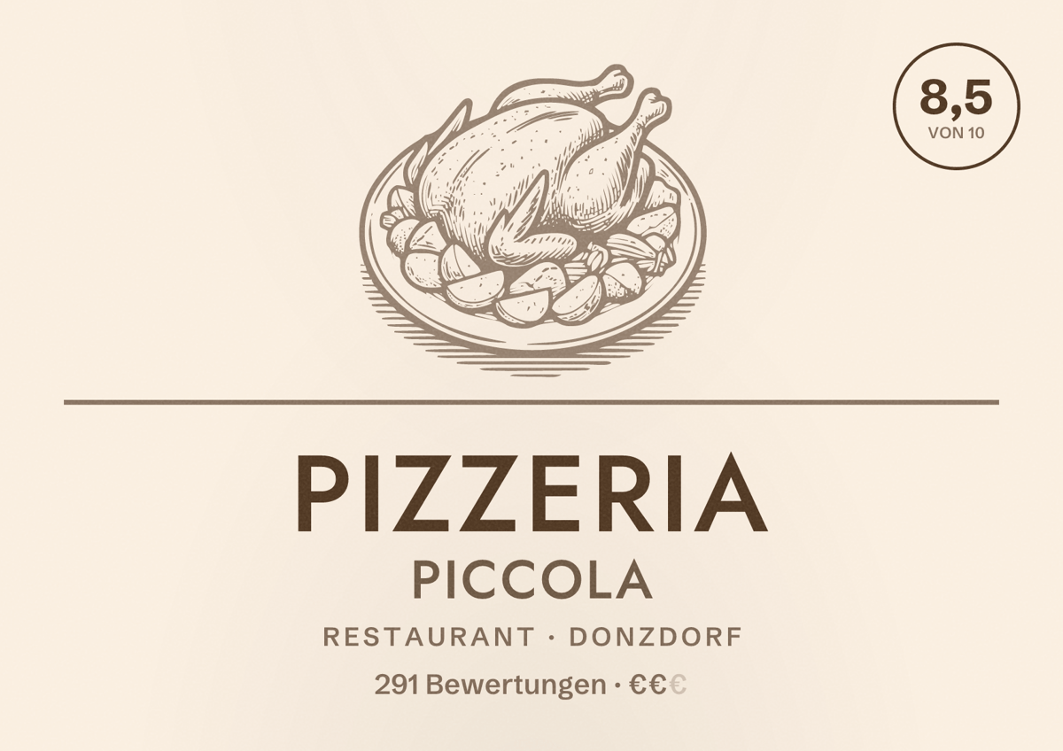 Illustriertes Poster von Pizzeria Piccola, Restaurant in Donzdorf: Bewertung 8,5 von 10 aus 291 Bewertungen, Preisniveau €€