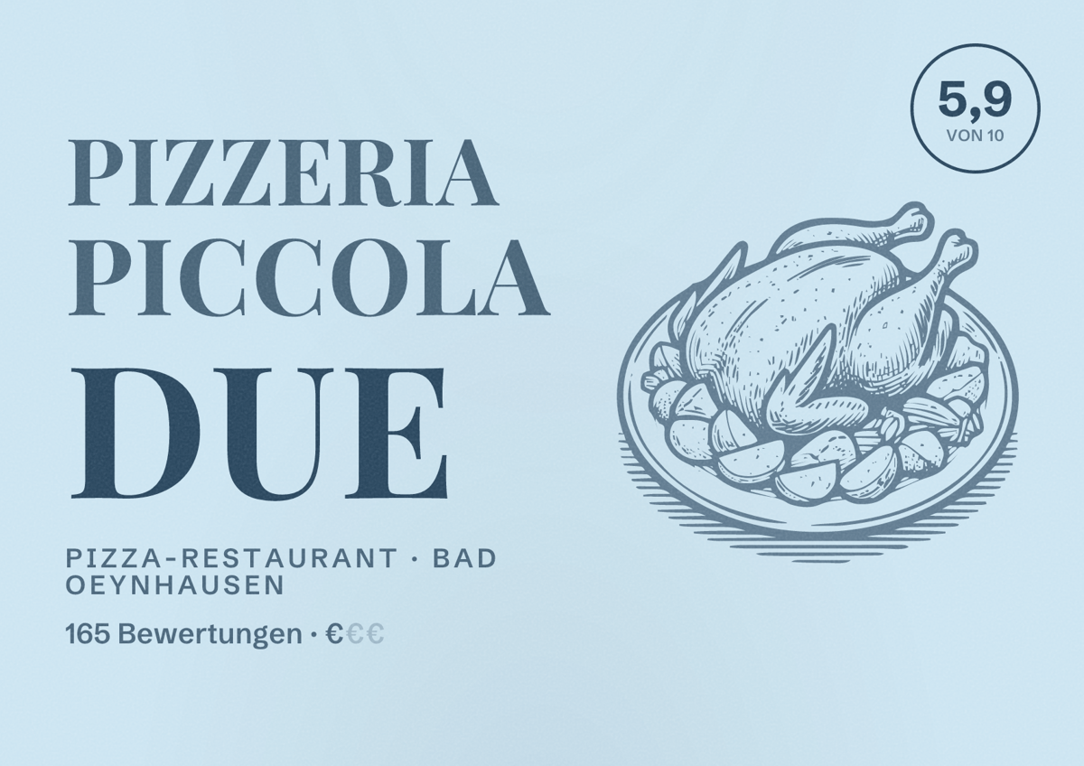 Illustriertes Poster von Pizzeria Piccola Due, Pizza-Restaurant in Bad Oeynhausen: Bewertung 5,9 von 10 aus 165 Bewertungen, Preisniveau €