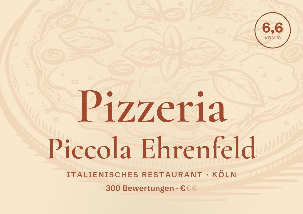 Illustriertes Poster von Pizzeria Piccola Ehrenfeld, Italienisches Restaurant in Köln: Bewertung 6,6 von 10 aus 300 Bewertungen, Preisniveau €