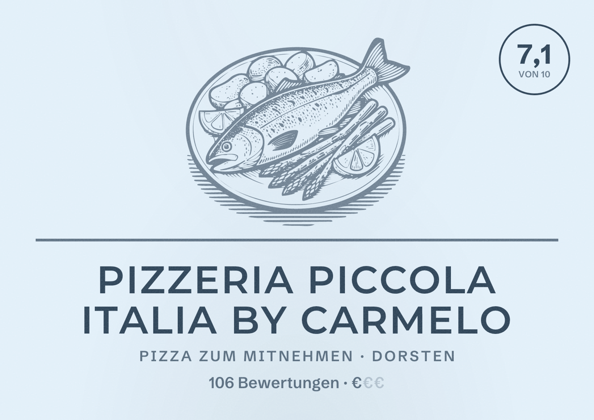 Illustriertes Poster von Pizzeria Piccola Italia By Carmelo, Pizza zum Mitnehmen in Dorsten: Bewertung 7,1 von 10 aus 106 Bewertungen, Preisniveau €