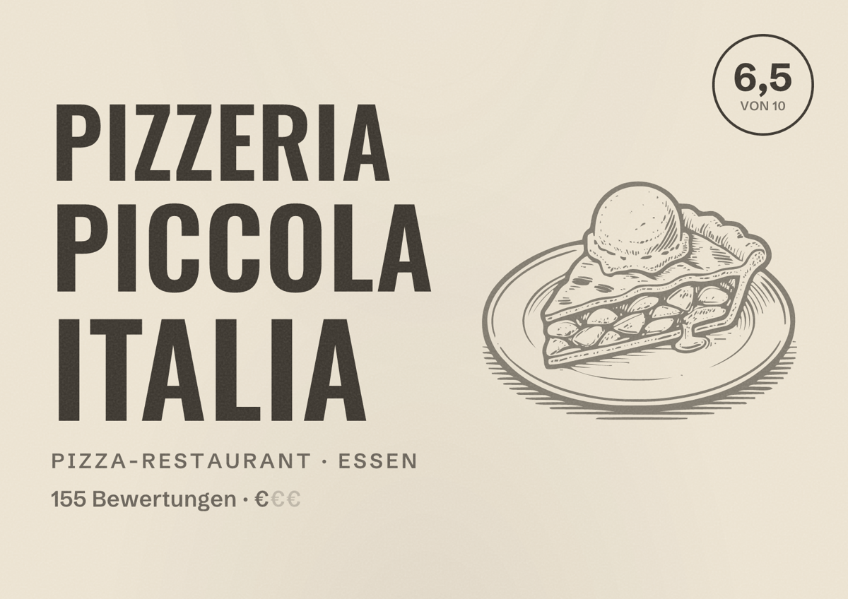 Illustriertes Poster von Pizzeria Piccola Italia, Pizza-Restaurant in Essen: Bewertung 6,5 von 10 aus 155 Bewertungen, Preisniveau €