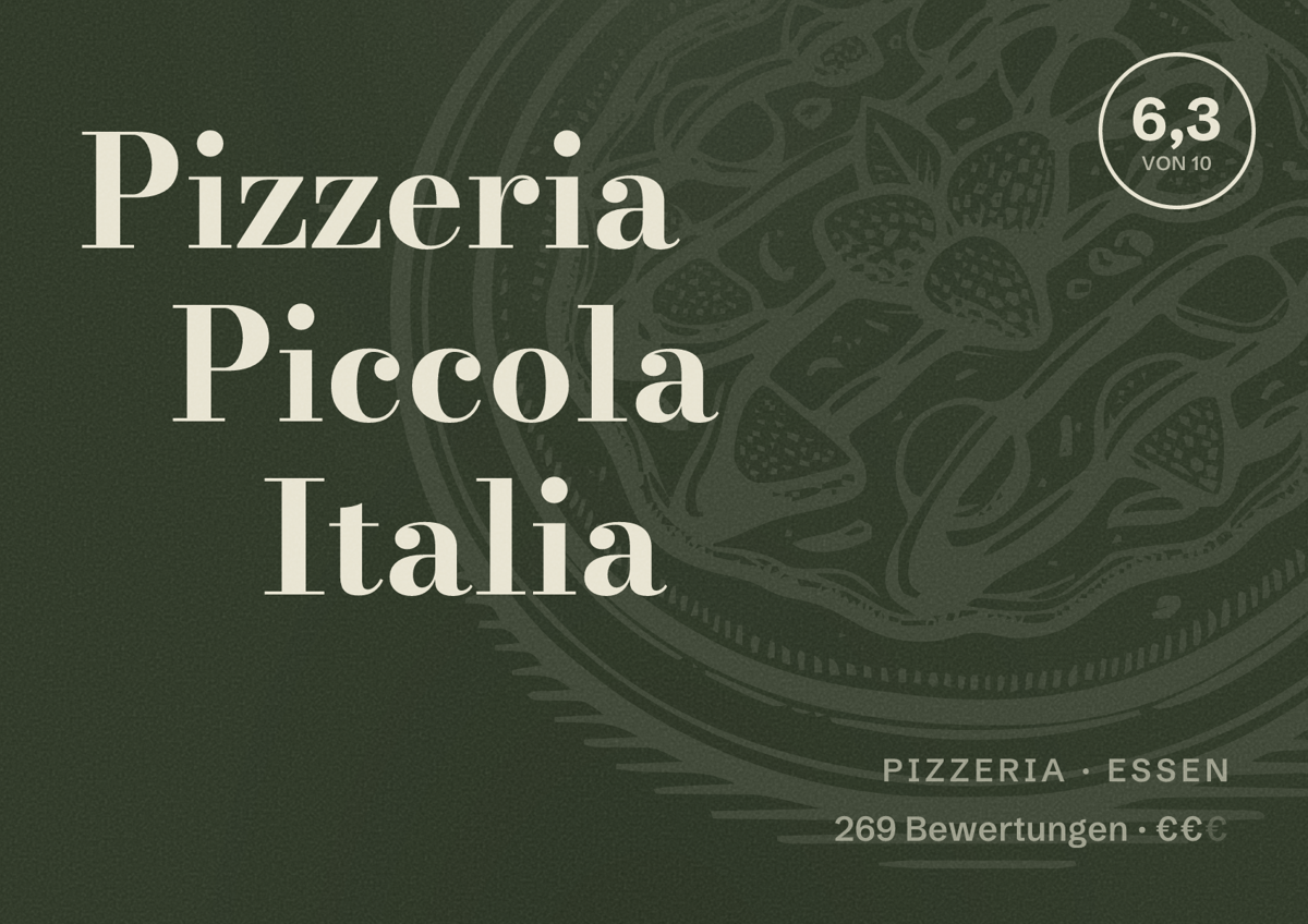 Illustriertes Poster von Pizzeria Piccola Italia, Pizzeria in Essen: Bewertung 6,3 von 10 aus 269 Bewertungen, Preisniveau €€
