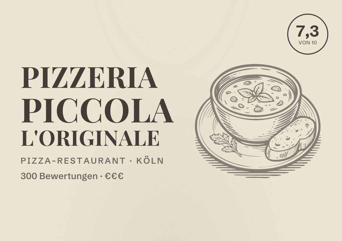 Illustriertes Poster von Pizzeria Piccola L'Originale, Pizza-Restaurant in Köln: Bewertung 7,3 von 10 aus 300 Bewertungen, Preisniveau €€€