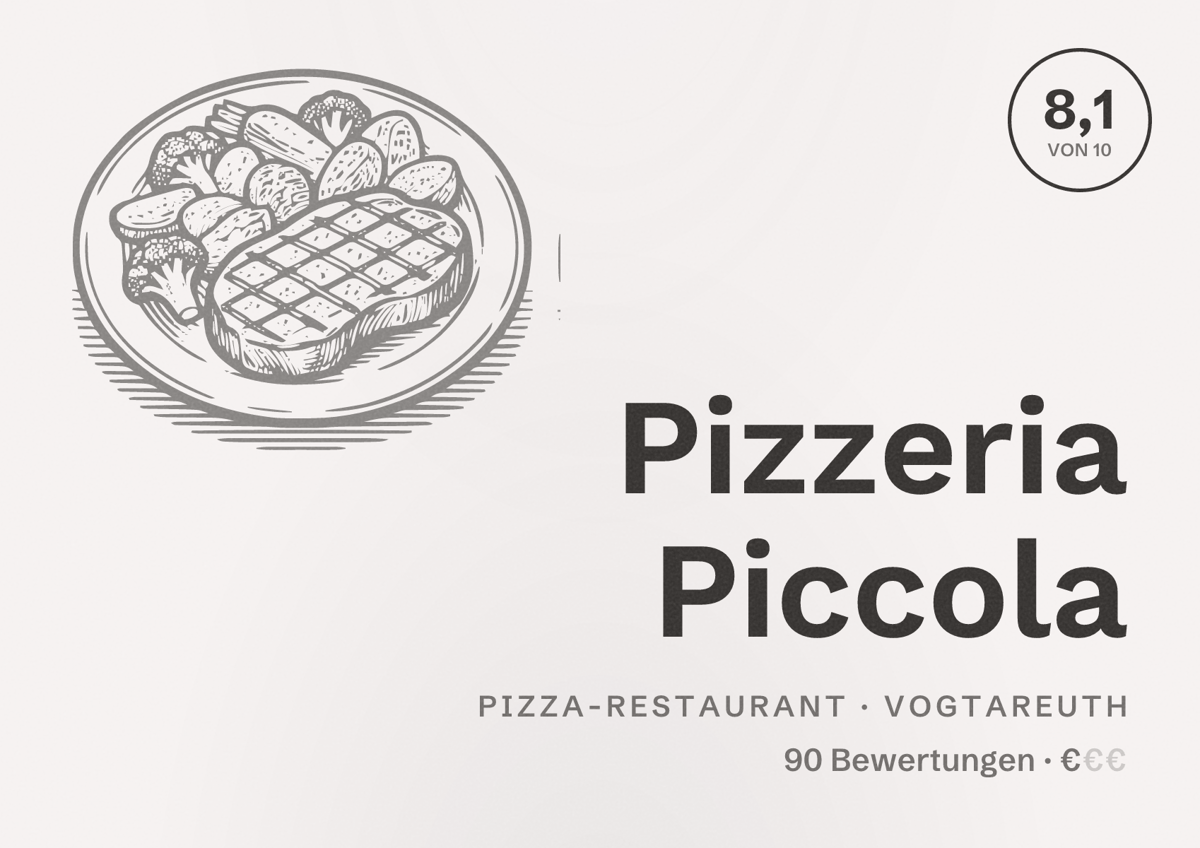 Illustriertes Poster von Pizzeria Piccola, Pizza-Restaurant in Vogtareuth: Bewertung 8,1 von 10 aus 90 Bewertungen, Preisniveau €