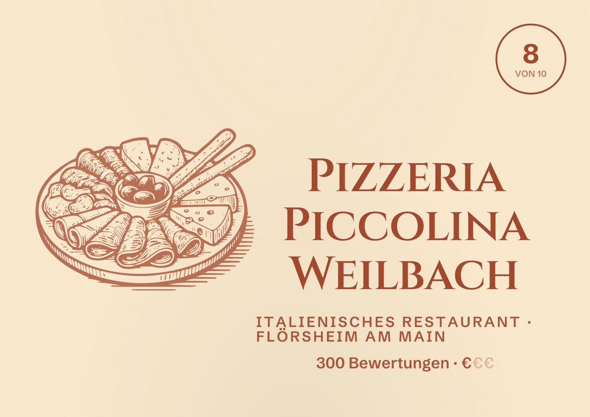 Illustriertes Poster von Pizzeria Piccolina Weilbach, Italienisches Restaurant in Flörsheim am Main: Bewertung 8 von 10 aus 300 Bewertungen, Preisniveau €
