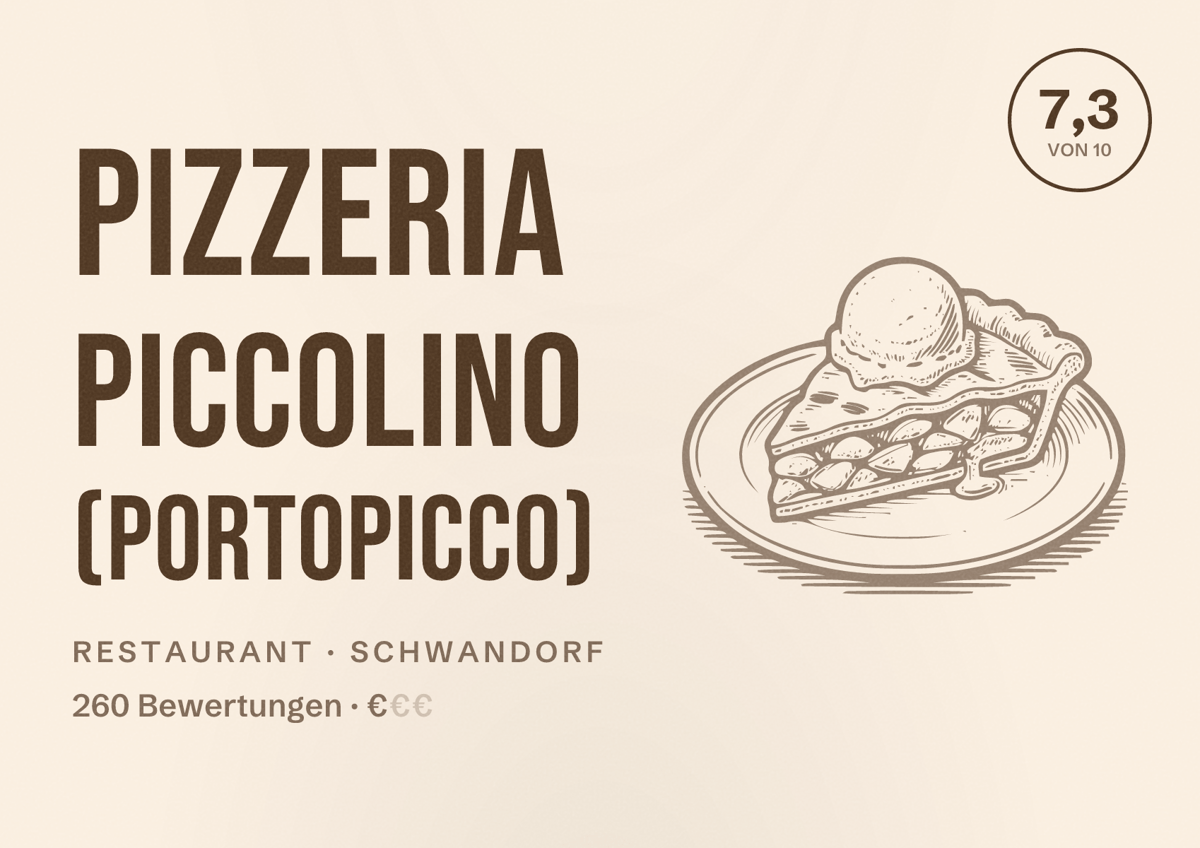 Illustriertes Poster von Pizzeria Piccolino (Portopicco), Restaurant in Schwandorf: Bewertung 7,3 von 10 aus 260 Bewertungen, Preisniveau €
