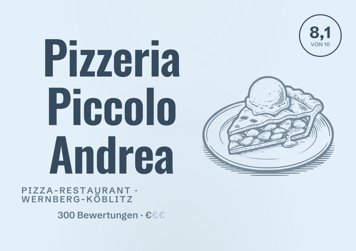 Illustriertes Poster von Pizzeria Piccolo Andrea, Pizza-Restaurant in Wernberg-Köblitz: Bewertung 8,1 von 10 aus 300 Bewertungen, Preisniveau €