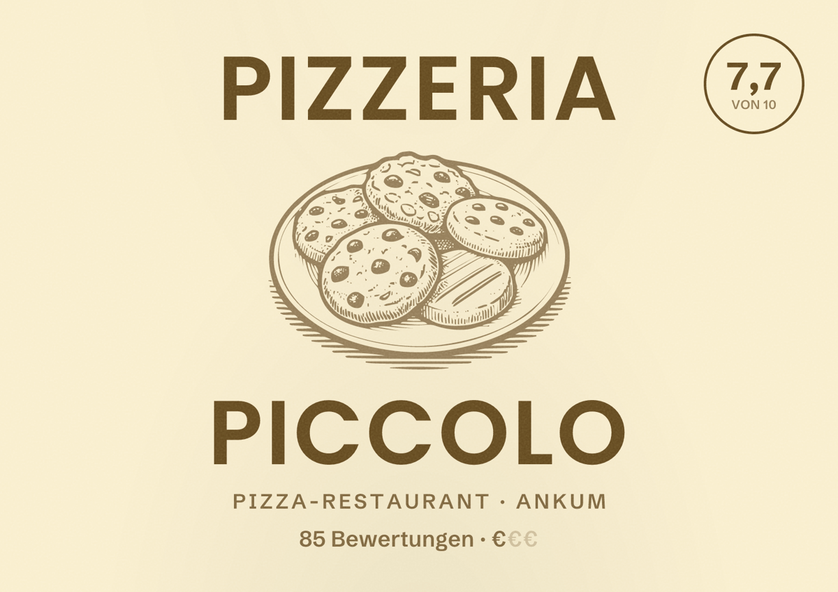 Illustriertes Poster von Pizzeria Piccolo, Pizza-Restaurant in Ankum: Bewertung 7,7 von 10 aus 85 Bewertungen, Preisniveau €