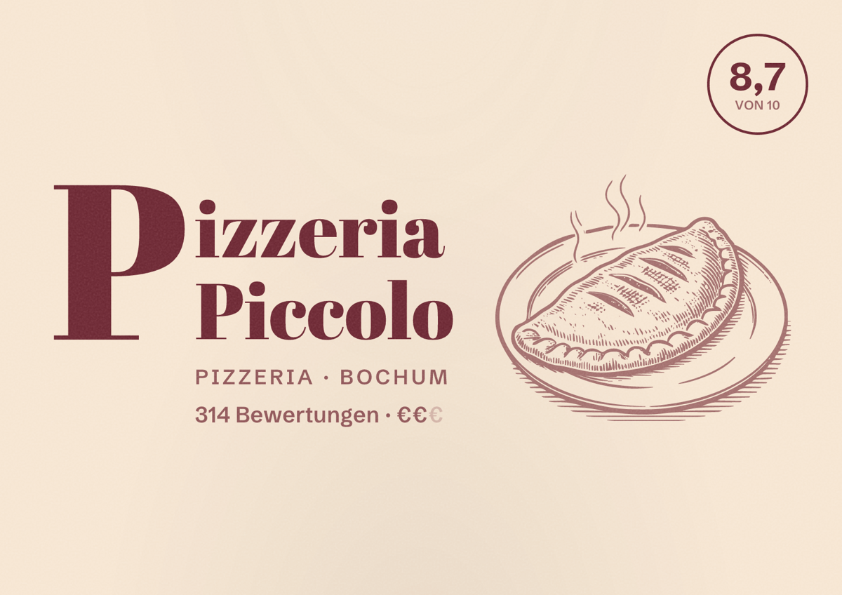 Illustriertes Poster von Pizzeria Piccolo, Pizzeria in Bochum: Bewertung 8,7 von 10 aus 314 Bewertungen, Preisniveau €€