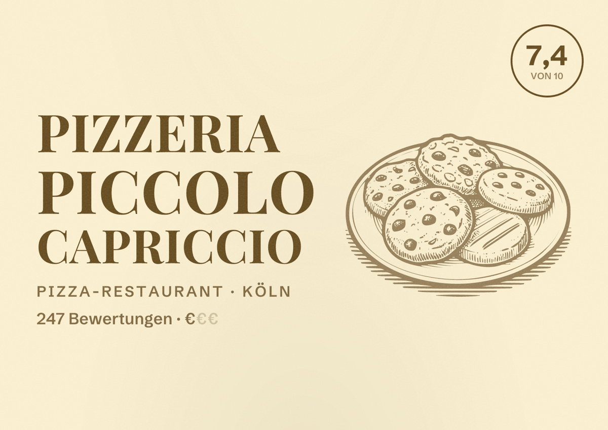 Illustriertes Poster von Pizzeria Piccolo Capriccio, Pizza-Restaurant in Köln: Bewertung 7,4 von 10 aus 247 Bewertungen, Preisniveau €