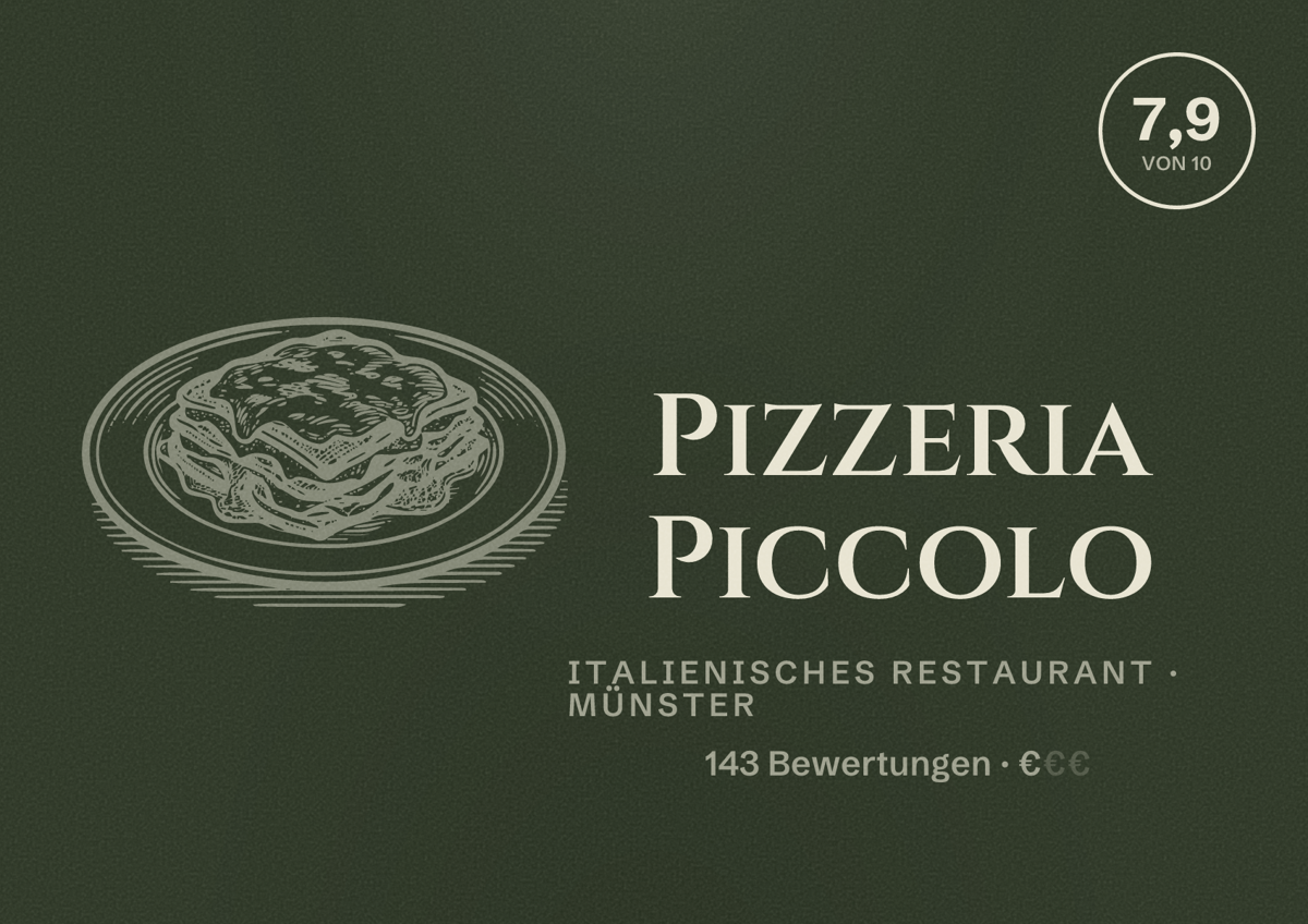 Illustriertes Poster von Pizzeria Piccolo, Italienisches Restaurant in Münster: Bewertung 7,9 von 10 aus 143 Bewertungen, Preisniveau €