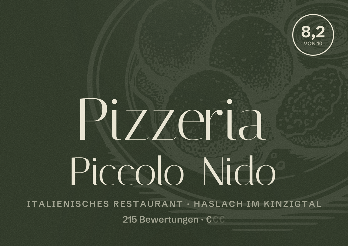 Illustriertes Poster von Pizzeria Piccolo Nido, Italienisches Restaurant in Haslach im Kinzigtal: Bewertung 8,2 von 10 aus 215 Bewertungen, Preisniveau €