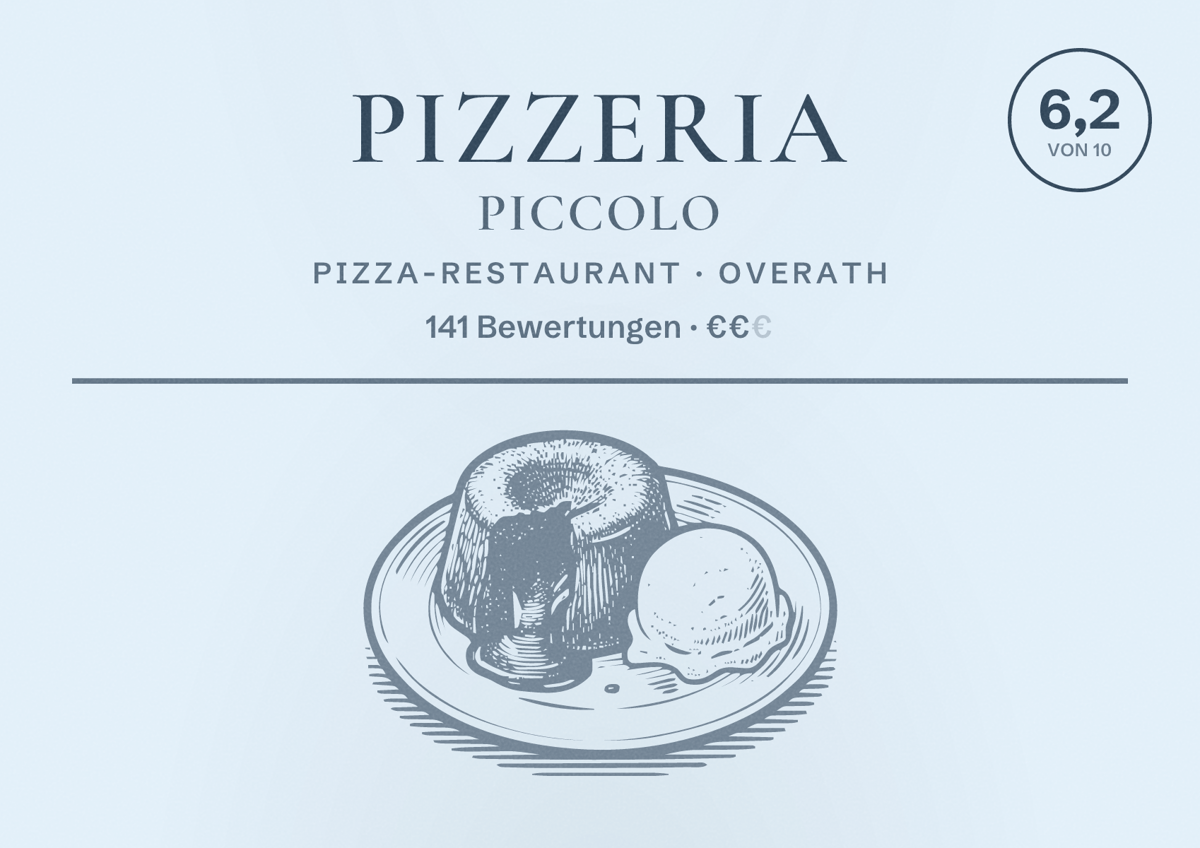 Illustriertes Poster von Pizzeria Piccolo, Pizza-Restaurant in Overath: Bewertung 6,2 von 10 aus 141 Bewertungen, Preisniveau €€