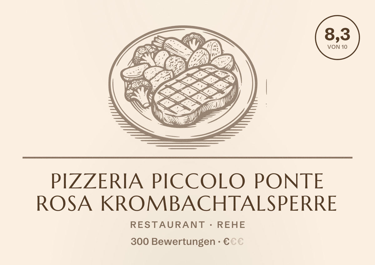 Illustriertes Poster von Pizzeria Piccolo Ponte Rosa Krombachtalsperre, Restaurant in Rehe: Bewertung 8,3 von 10 aus 300 Bewertungen, Preisniveau €