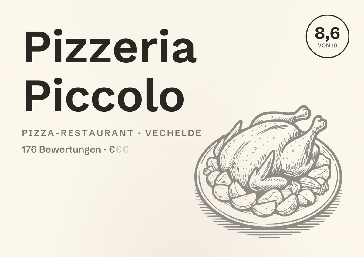 Illustriertes Poster von Pizzeria Piccolo, Pizza-Restaurant in Vechelde: Bewertung 8,6 von 10 aus 176 Bewertungen, Preisniveau €