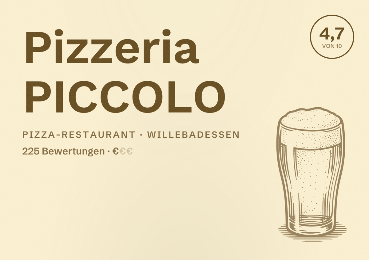 Illustriertes Poster von Pizzeria PICCOLO, Pizza-Restaurant in Willebadessen: Bewertung 4,7 von 10 aus 225 Bewertungen, Preisniveau €