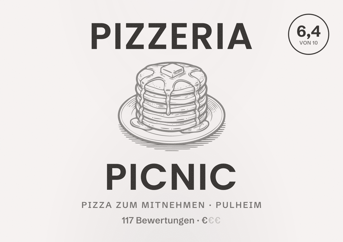 Illustriertes Poster von Pizzeria PicNic, Pizza zum Mitnehmen in Pulheim: Bewertung 6,4 von 10 aus 117 Bewertungen, Preisniveau €